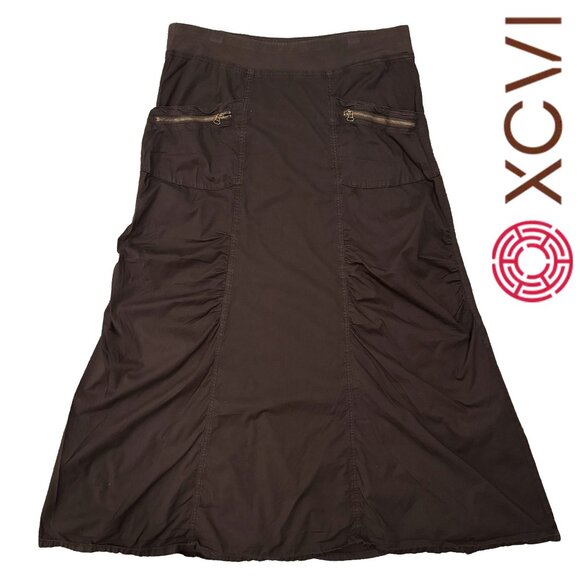XCVI Women’s Large Cargo Midi Brown Skirt | Zipper Pockets | Gathered Detail - Picture 1 of 5